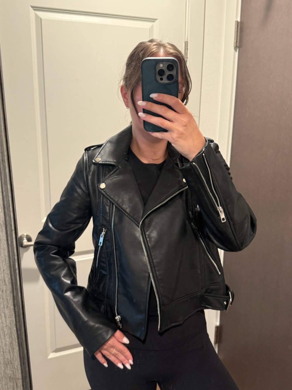 Zara Black Faux Leather Biker Jacket with Silver Hardware - Picture 6 of 7